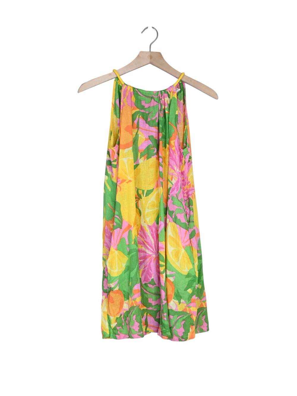 C&C California Women's S Lemon Print Green Pink Linen Blend Mini Beach Sundress